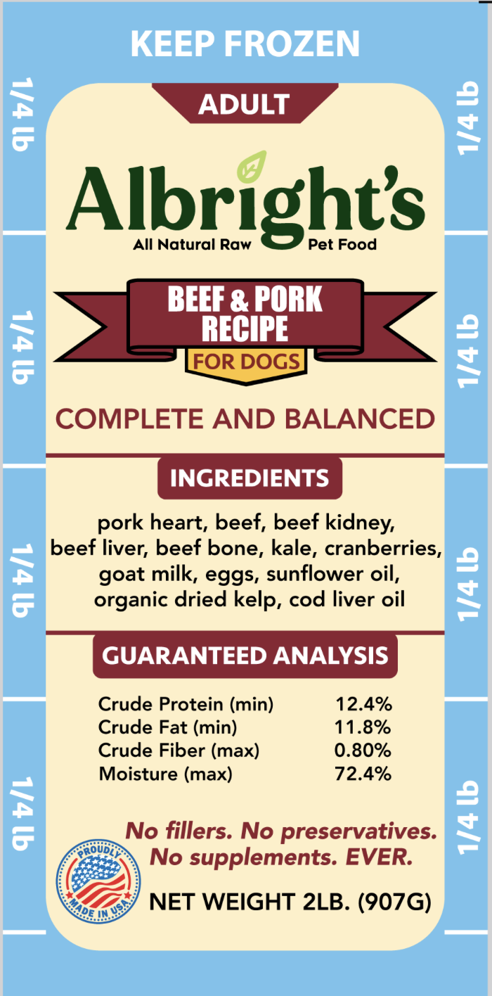 Albright's BEEF & PORK Recipe all life stages Complete and Balanced NEW**